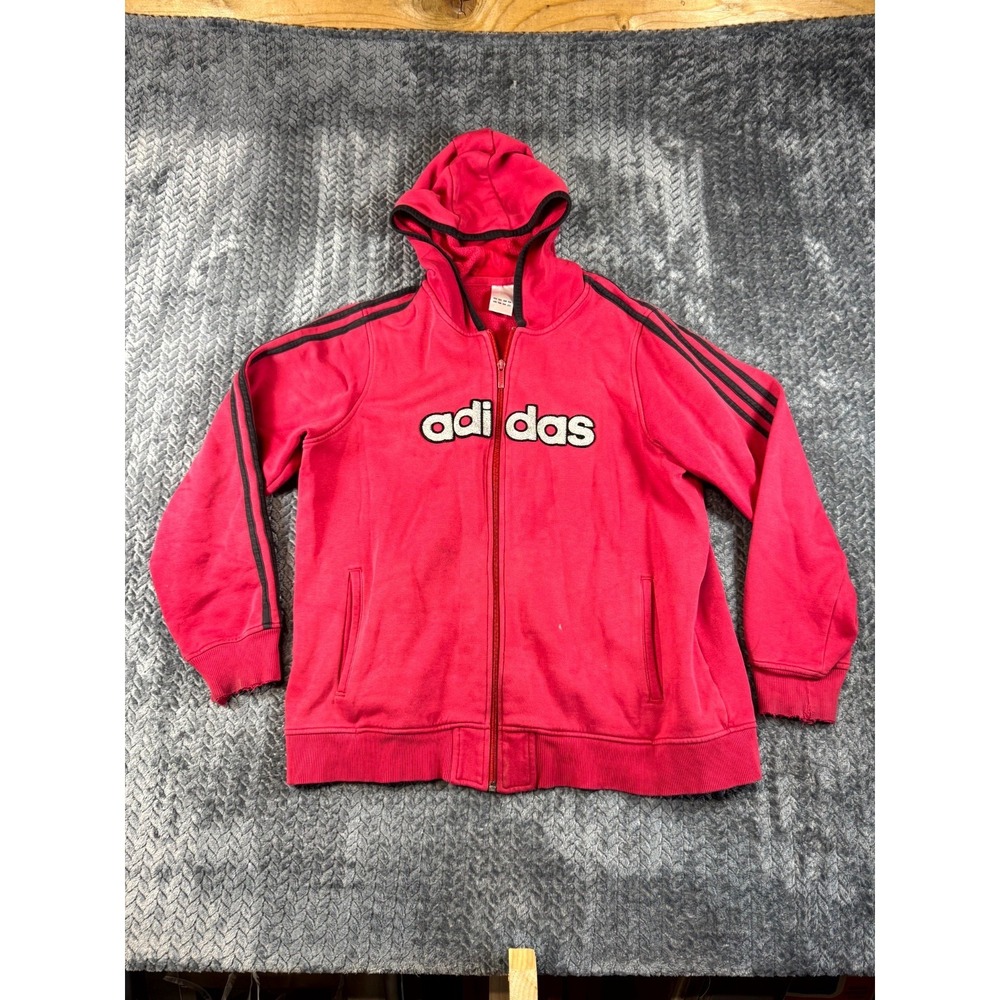 Adidas Hoodie Womens XL Red 3 Stripe Cotton Fleece Lined Logo Outerwear Zip Up
